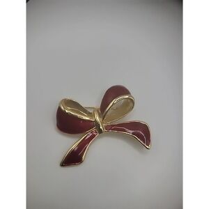 Vintage AAi Gold Tone Brooch Pin Bow Red Womens Jewelry Costume